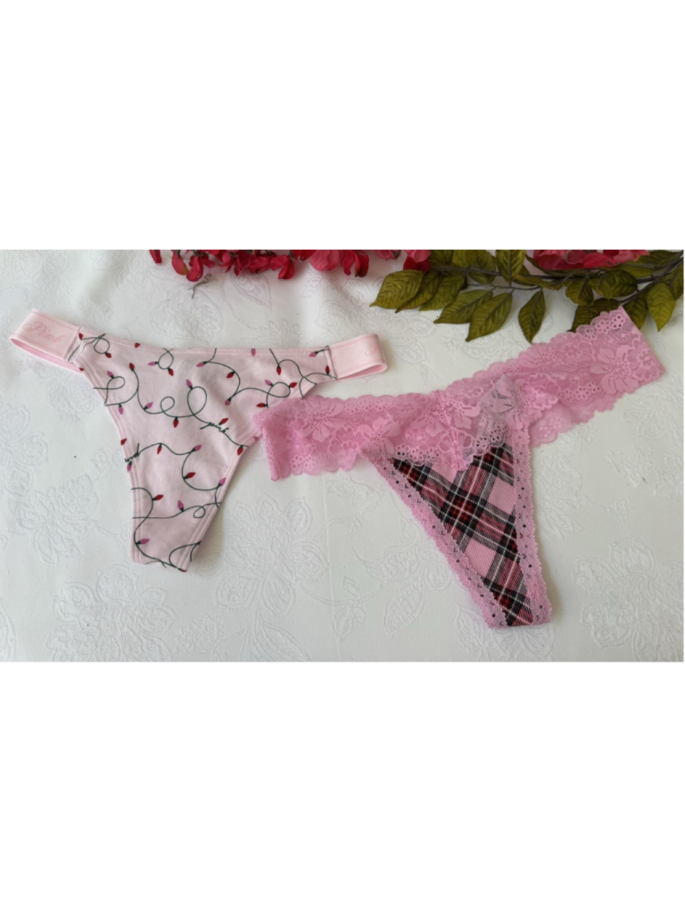 2 PAIR PAIRS PINK VICTORIA'S SECRET S PLAID XMAS LIGHTS STRING THONG PANTIES NWT
